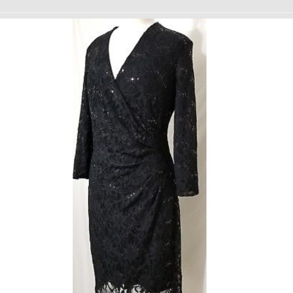 Black Sequined Lace Overlay Stretch Dress Sz 10